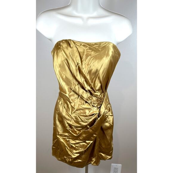 SAU LEE Hester Strapless Ruched Ecru Olive Satin Mini Dress Size 2 - Picture 3 of 11